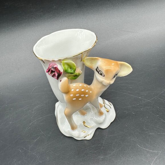 Vintage Baby Deer Vase Derpy Kitsch Japan Ceramic Rose Cottage Mid Century Mini - Picture 1 of 10
